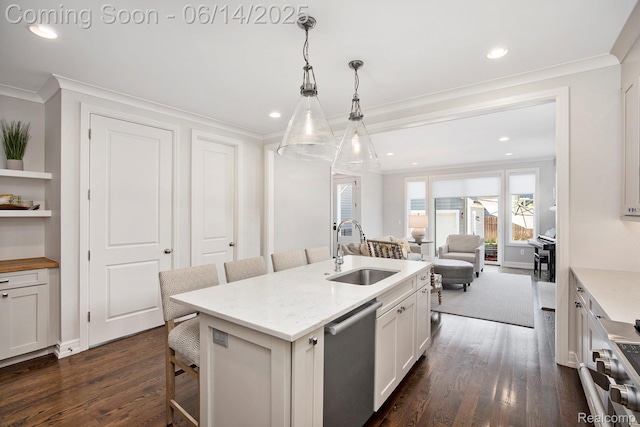 1060 Smith Ave, Birmingham, MI 48009 - kitchen with stainless steel dishwasher, crown molding, dark wood-style floors, a kitchen breakfast bar, and open floor plan