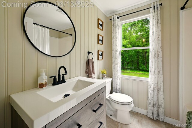 6535 Cedar Lake Rd, Pinckney, MI 48169 - bathroom featuring ornamental molding, vanity, a shower with curtain, and a decorative wall