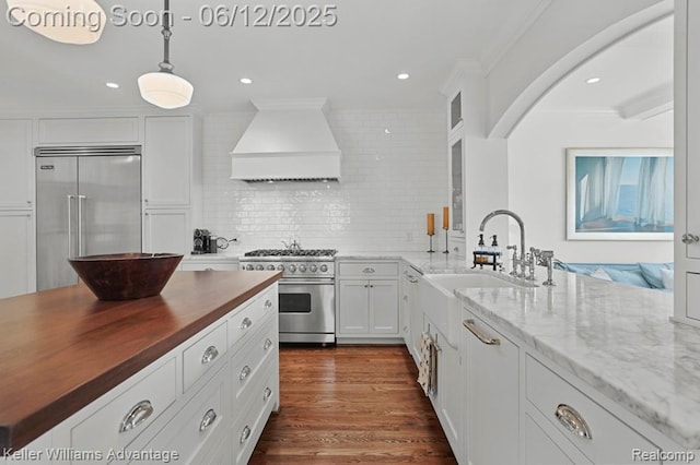 1260 W Ann Arbor Trl, Plymouth, MI 48170 - kitchen with premium appliances, custom exhaust hood, wood counters, white cabinets, and ornamental molding