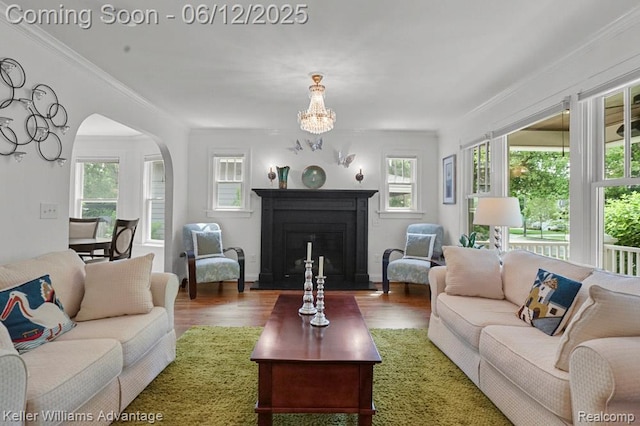1260 W Ann Arbor Trl, Plymouth, MI 48170 - living room with arched walkways, wood finished floors, crown molding, a chandelier, and a fireplace with raised hearth