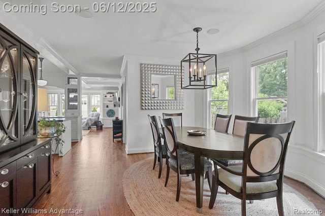 1260 W Ann Arbor Trl, Plymouth, MI 48170 - dining space with crown molding, dark wood-type flooring, and a chandelier