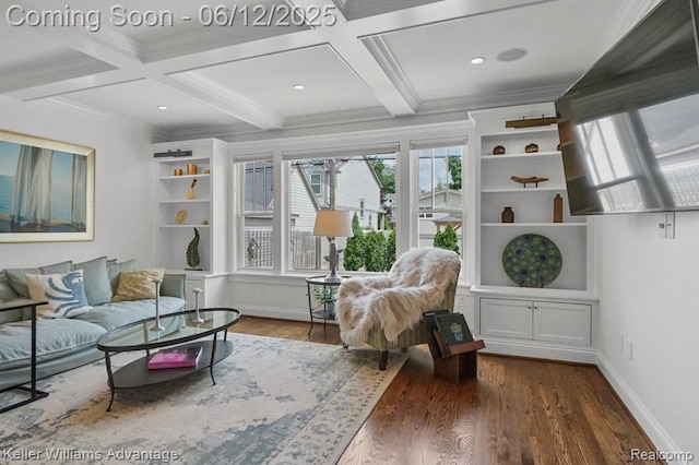 1260 W Ann Arbor Trl, Plymouth, MI 48170 - living room featuring plenty of natural light, wood finished floors, coffered ceiling, beamed ceiling, and ornamental molding