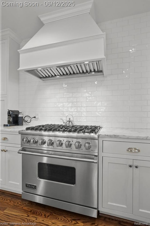 1260 W Ann Arbor Trl, Plymouth, MI 48170 - kitchen featuring luxury stove, custom range hood, backsplash, and white cabinets