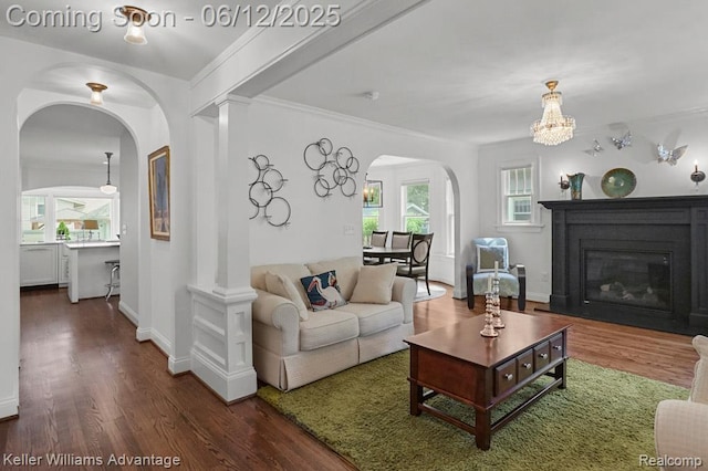 1260 W Ann Arbor Trl, Plymouth, MI 48170 - living room featuring arched walkways, wood finished floors, a glass covered fireplace, healthy amount of natural light, and ornamental molding