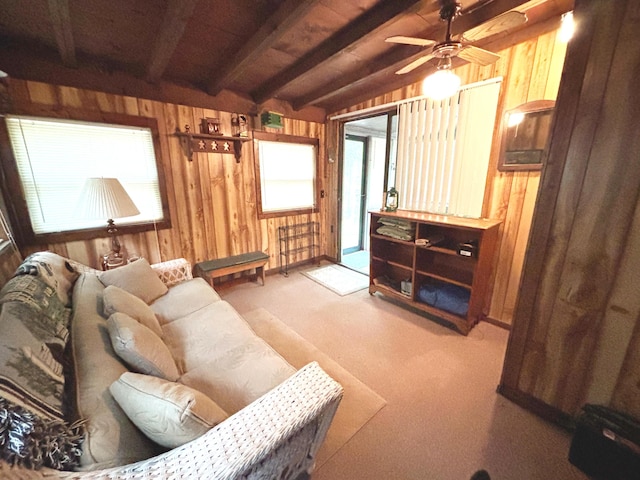 2112 Timber Ln, Brooklyn, MI 49230 - carpeted living area featuring wooden walls, a ceiling fan, and wooden ceiling