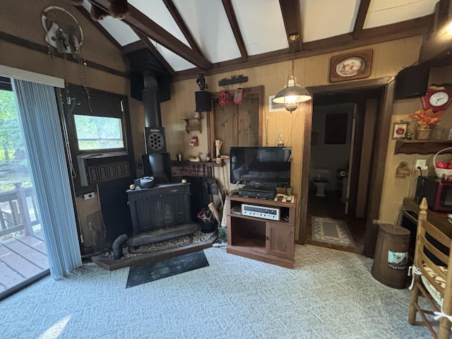 2112 Timber Ln, Brooklyn, MI 49230 - carpeted living room featuring a wood stove and wooden walls