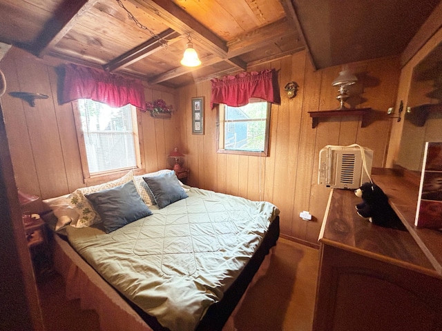 2112 Timber Ln, Brooklyn, MI 49230 - bedroom featuring a wood ceiling with exposed beams, multiple windows, and wooden walls