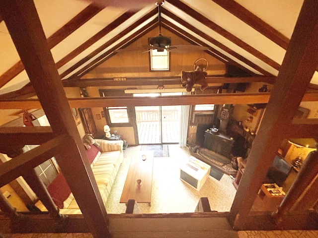 2112 Timber Ln, Brooklyn, MI 49230 - living area with ceiling fan and a wood stove