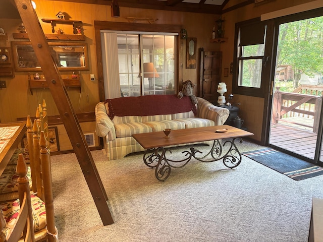 2112 Timber Ln, Brooklyn, MI 49230 - carpeted living area featuring wooden walls and lofted ceiling
