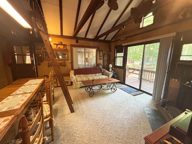 2112 Timber Ln, Brooklyn, MI 49230 - carpeted living area with beamed ceiling and high vaulted ceiling