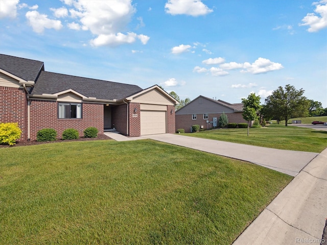 1470 Duncan Dr, Chelsea, MI 48118 - view of front of property featuring concrete driveway, brick siding, a front yard, an attached garage, and a shingled roof