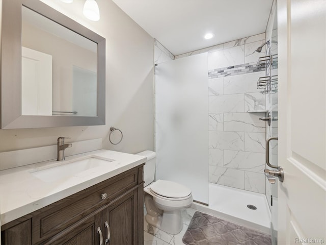 1470 Duncan Dr, Chelsea, MI 48118 - full bath featuring vanity, marble look tile flooring, a tile shower, and recessed lighting