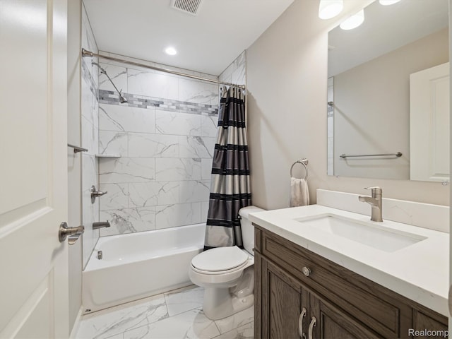 1470 Duncan Dr, Chelsea, MI 48118 - bathroom featuring marble finish flooring, vanity, shower / bath combination with curtain, and recessed lighting