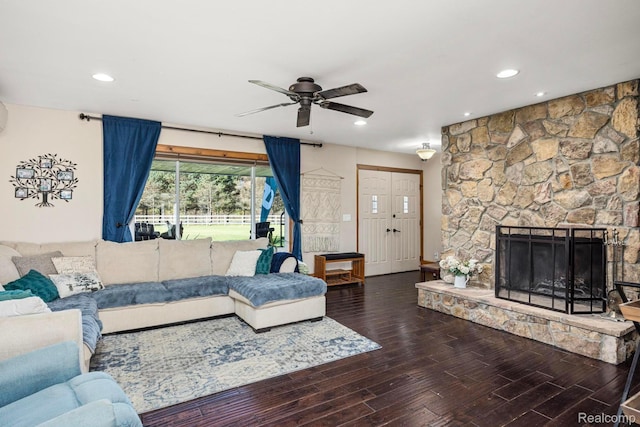 3985 Wadhams Rd, China, MI 48054 - living area featuring a ceiling fan, wood finished floors, recessed lighting, and a fireplace