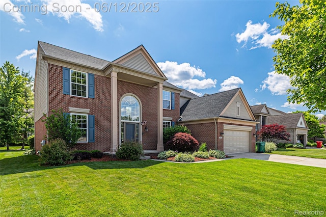 49620 Dunhill Dr, Macomb, MI 48044 - neoclassical / greek revival house with brick siding, concrete driveway, and a front lawn