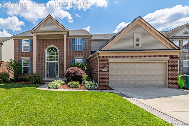 49620 Dunhill Dr, Macomb, MI 48044 - view of front of property featuring brick siding, driveway, a front lawn, and an attached garage