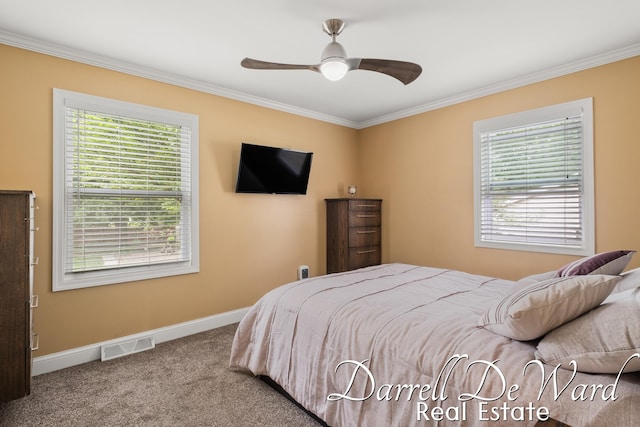 6662 Adaridge Dr SE, Ada, MI 49301 - bedroom featuring ornamental molding, multiple windows, carpet flooring, and a ceiling fan