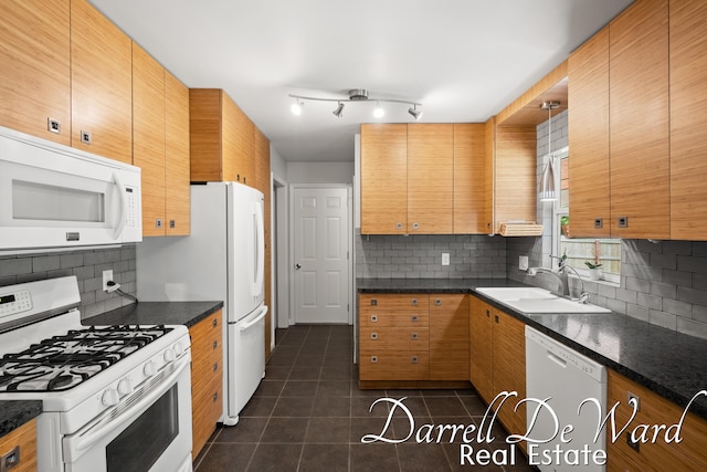 6662 Adaridge Dr SE, Ada, MI 49301 - kitchen featuring white appliances, tasteful backsplash, and dark tile patterned floors