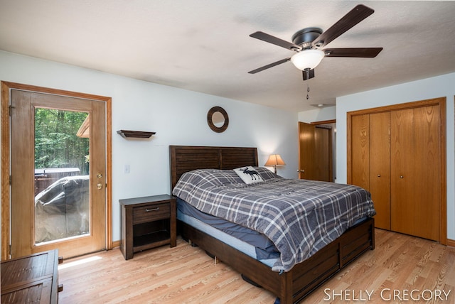 5151 Scotch Mist Dr, Saranac, MI 48881 - bedroom with light wood-type flooring, a closet, a ceiling fan, and access to outside