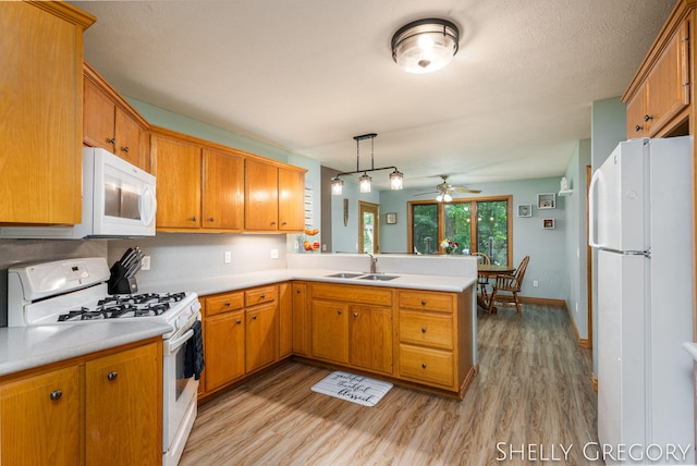 5151 Scotch Mist Dr, Saranac, MI 48881 - kitchen featuring white appliances, light wood finished floors, a ceiling fan, a peninsula, and light countertops
