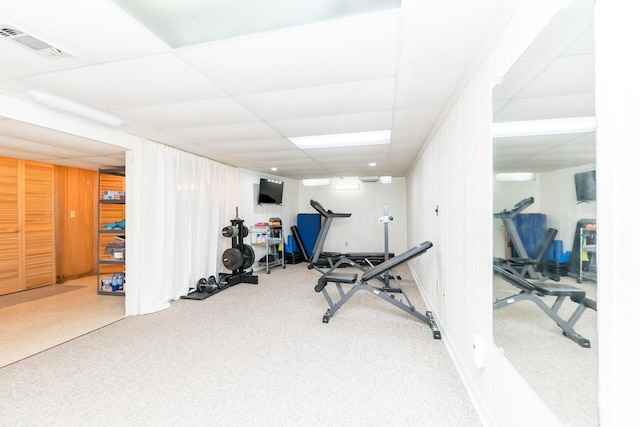 680 Eastlook Dr, Saline, MI 48176 - workout room featuring carpet flooring and a paneled ceiling