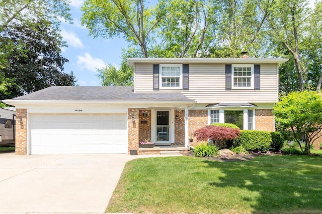680 Eastlook Dr, Saline, MI 48176 - traditional-style house with brick siding, a garage, driveway, a front lawn, and a chimney