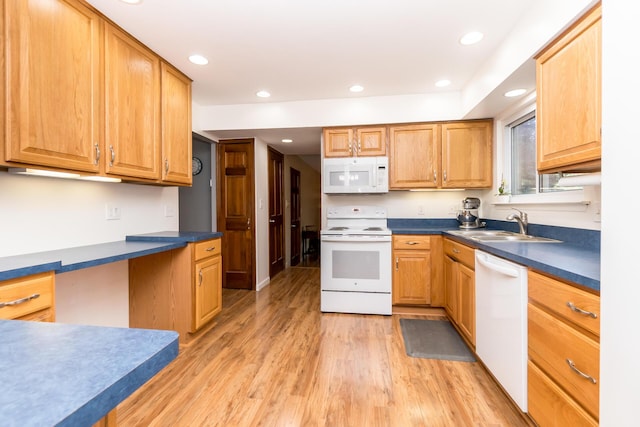 680 Eastlook Dr, Saline, MI 48176 - kitchen with white appliances, light wood-type flooring, dark countertops, and recessed lighting
