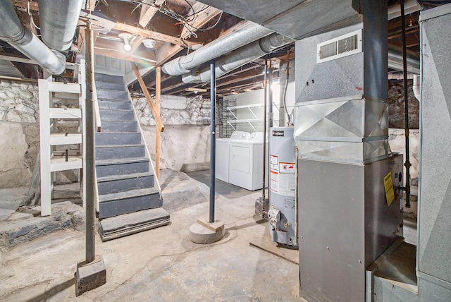 916 Osborne St, Kalamazoo, MI 49001 - unfinished basement with gas water heater, independent washer and dryer, and stairway