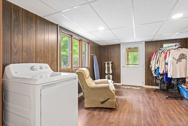 199 Grand Ave, Grand Haven, MI 49417 - laundry room featuring washer / clothes dryer, wood finished floors, and wood walls