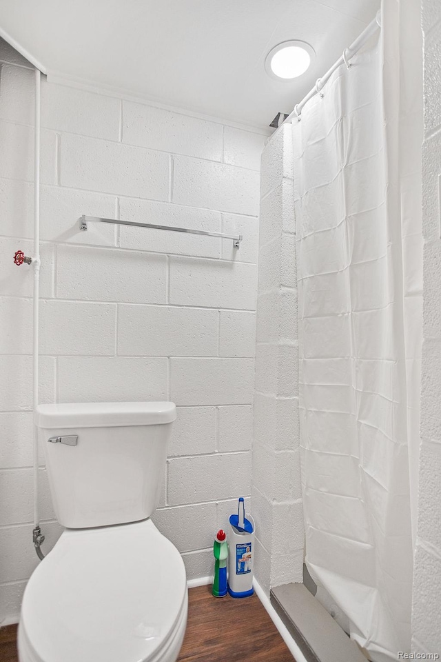 199 Grand Ave, Grand Haven, MI 49417 - full bathroom featuring wood finished floors, concrete block wall, and a shower with curtain