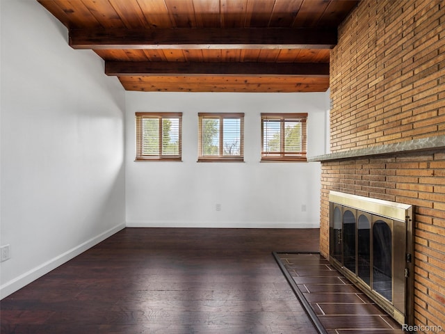 23400 Marlow St, Oak Park, MI 48237 - unfurnished living room with a wooden ceiling with exposed beams, healthy amount of natural light, a fireplace, and hardwood / wood-style floors