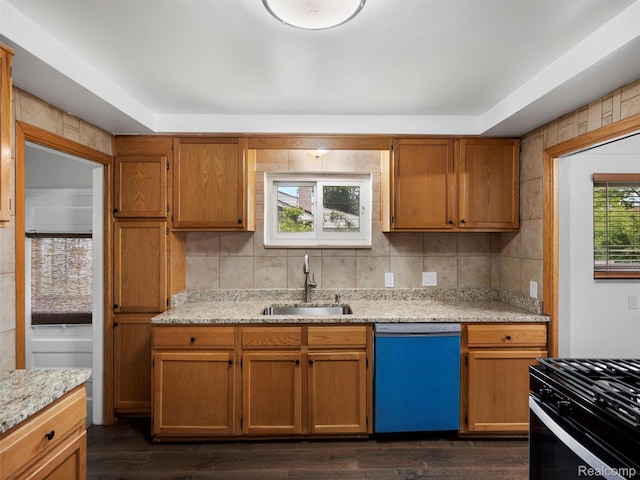 23400 Marlow St, Oak Park, MI 48237 - kitchen with dishwasher, dark wood-style flooring, backsplash, and brown cabinets