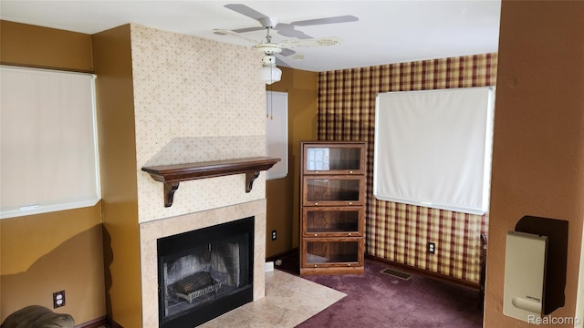 3335 Linden St, Dearborn, MI 48124 - living area featuring wallpapered walls, carpet flooring, ceiling fan, and a tile fireplace