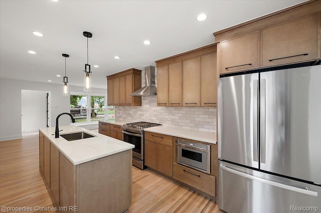 15589 Kirkshire Ave, Beverly Hills, MI 48025 - kitchen featuring appliances with stainless steel finishes, wall chimney range hood, light wood-style flooring, backsplash, and recessed lighting
