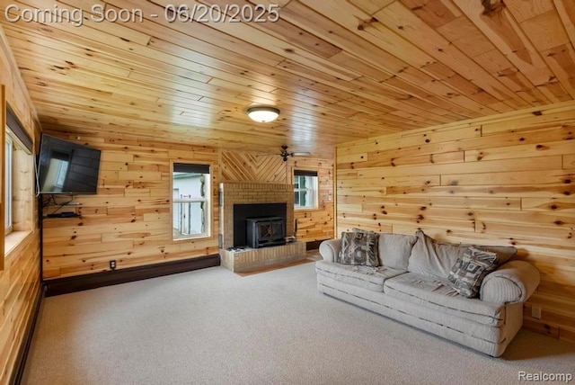 18031 State Highway M28, Newberry, MI 49868 - living area featuring wooden ceiling, carpet floors, wood walls, and a fireplace