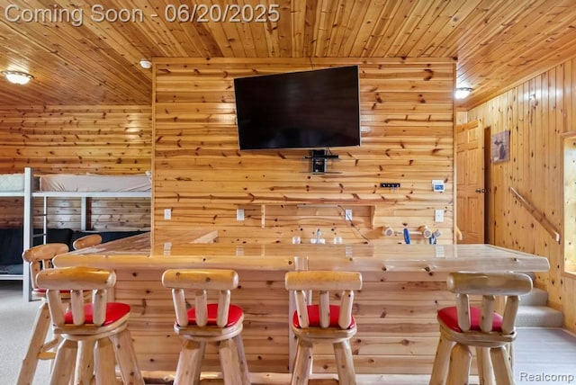 18031 State Highway M28, Newberry, MI 49868 - living area with wood ceiling, wooden walls, and a bar