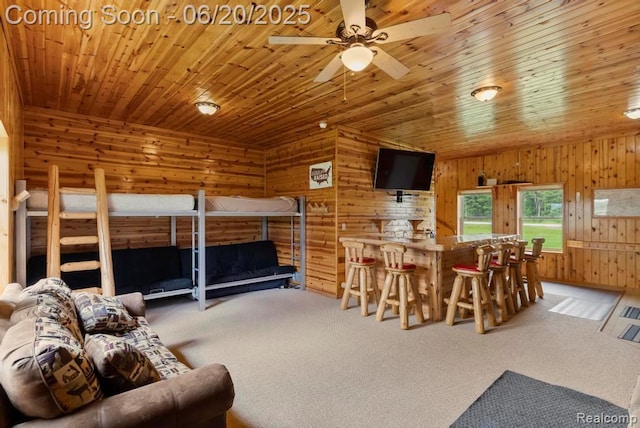 18031 State Highway M28, Newberry, MI 49868 - bedroom featuring carpet flooring, wood walls, a dry bar, and wood ceiling
