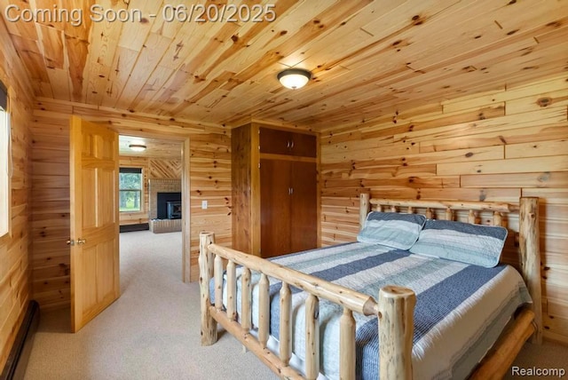 18031 State Highway M28, Newberry, MI 49868 - bedroom with wooden ceiling, carpet, and wood walls