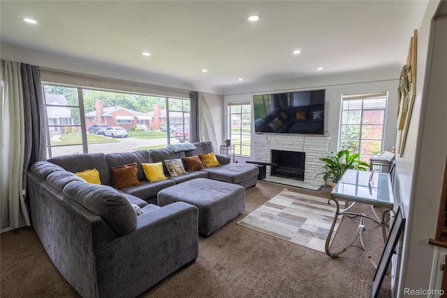 16788 Lincoln Ave, Eastpointe, MI 48021 - living area featuring carpet floors, healthy amount of natural light, recessed lighting, and a fireplace