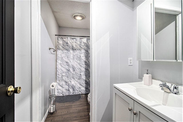 6236 Arbutus, Idlewild, MI 49642 - bathroom featuring vanity, wood finished floors, a textured ceiling, and a shower with curtain