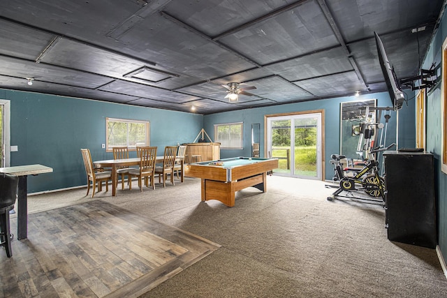 6236 Arbutus, Idlewild, MI 49642 - game room featuring pool table, ceiling fan, and carpet floors