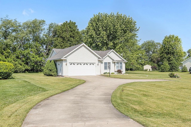 13380 Park Blvd W, Vicksburg, MI 49097 - view of front of home with concrete driveway, a front lawn, a garage, and view of scattered trees