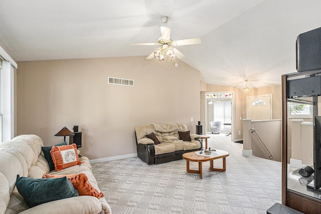 13380 Park Blvd W, Vicksburg, MI 49097 - living area with light carpet, lofted ceiling, and a ceiling fan