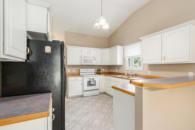 13380 Park Blvd W, Vicksburg, MI 49097 - kitchen with white appliances, a peninsula, white cabinetry, hanging light fixtures, and high vaulted ceiling