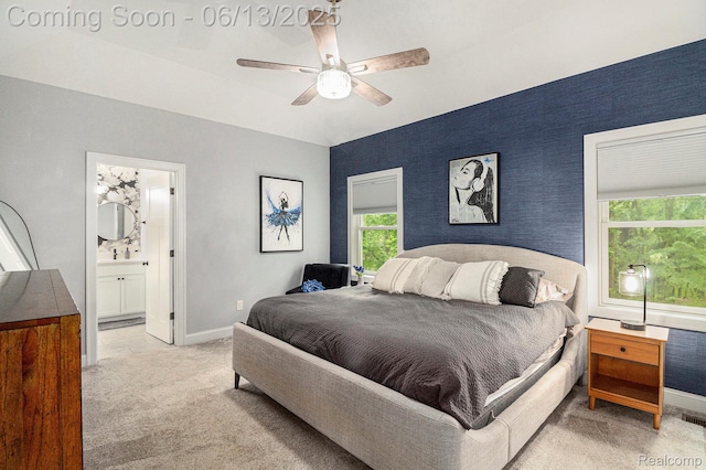 5950 Mountain Top Dr, Brighton, MI 48116 - bedroom featuring carpet, ensuite bathroom, and a ceiling fan