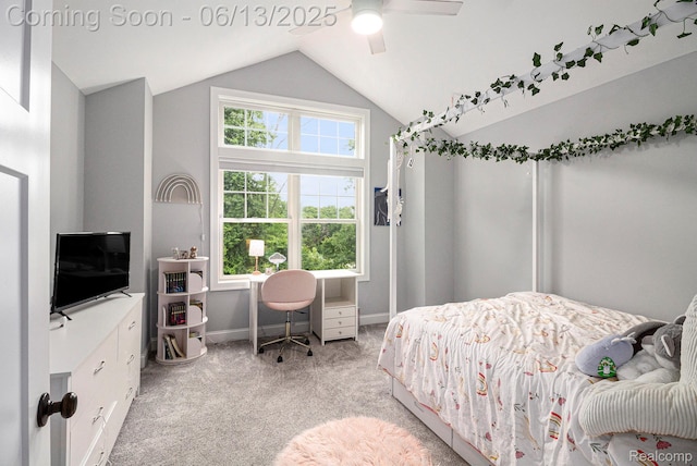5950 Mountain Top Dr, Brighton, MI 48116 - bedroom featuring light colored carpet, lofted ceiling, and a ceiling fan