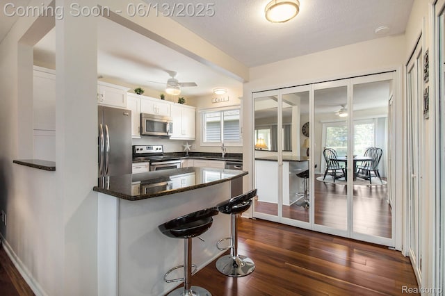 11124 Colony Rd, Pinckney, MI 48169 - kitchen with stainless steel appliances, ceiling fan, a kitchen breakfast bar, dark wood-style floors, and white cabinetry