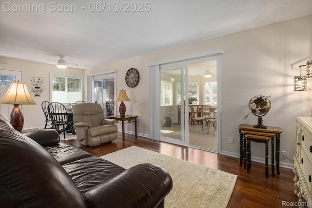 11124 Colony Rd, Pinckney, MI 48169 - living room with ceiling fan and dark wood-style floors