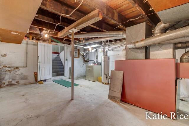8974 Park St, Montague, MI 49437 - unfinished basement featuring washer / dryer, stairway, gas water heater, and electric panel