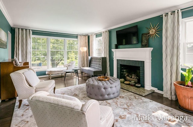 334 Terrill Ave, Grand Haven, MI 49417 - living area featuring crown molding, a brick fireplace, and wood finished floors